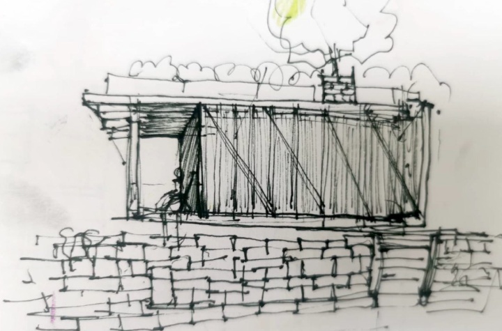 Hand-drawn pencil sketch of a modern cabin facade