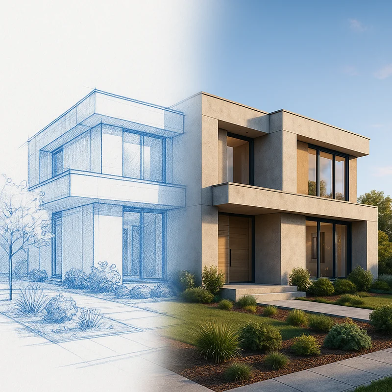 Sketch dissolving into render: hand-drawn architectural concept transforms into photorealistic visualization