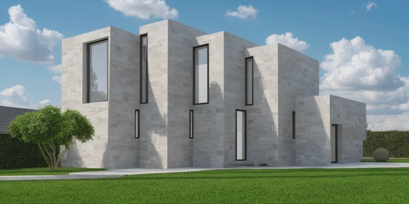 Exterior render showing concrete and glass facade materials in daylight