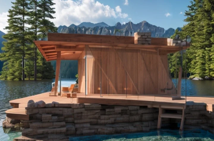 Photorealistic render of the same cabin at dusk with warm interior lighting