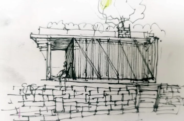 Hand-drawn pencil sketch of a modern cabin facade