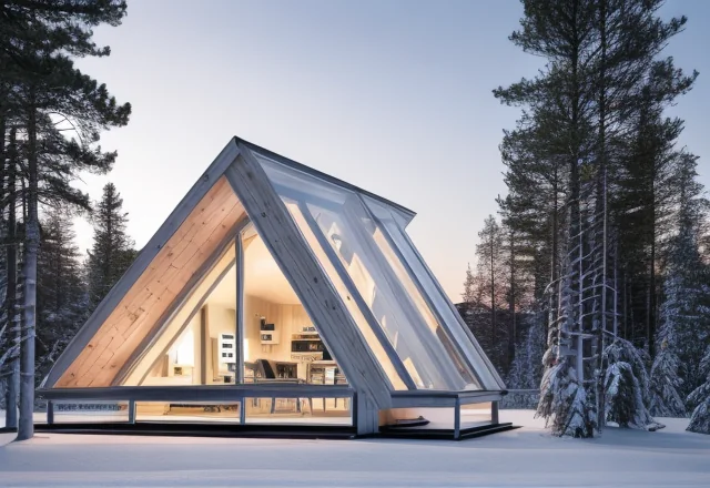 Exterior render of glass cabin at dusk with landscape