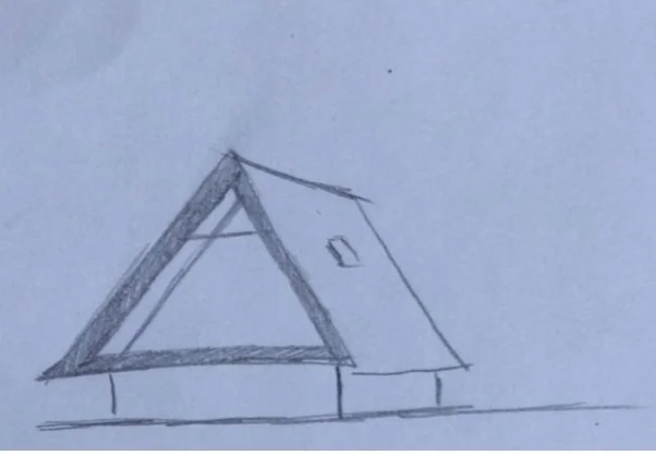 Untextured SketchUp massing model of a glass cabin