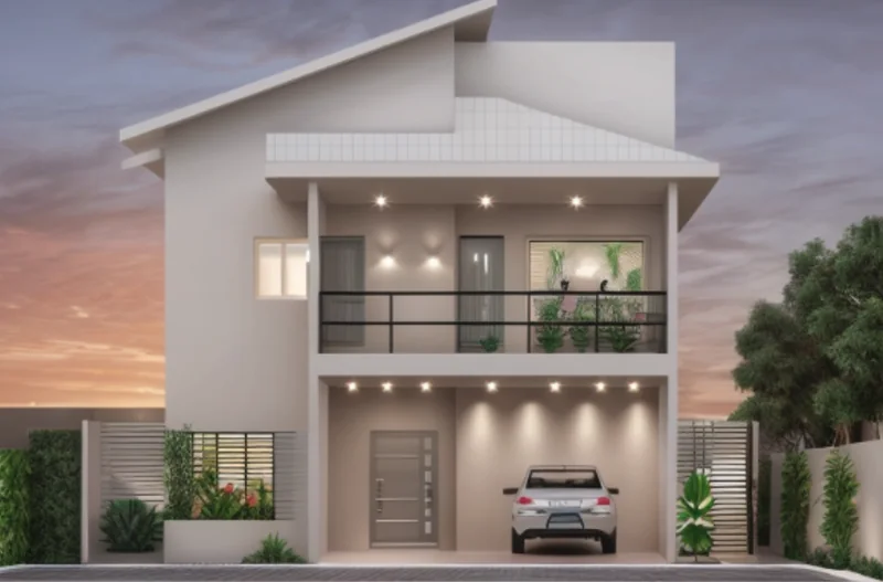Residential render at dusk with warm interior and exterior lighting