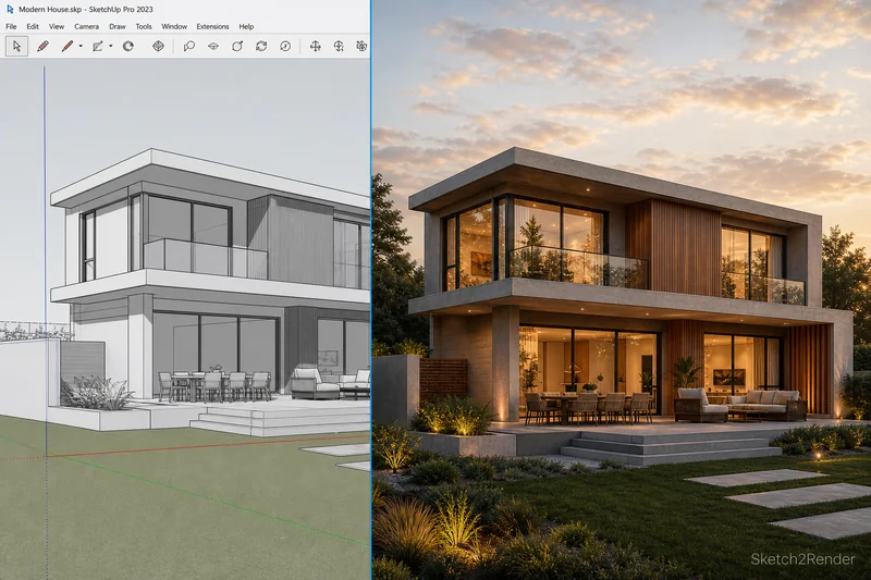 SketchUp model to photorealistic render: untextured massing becomes a polished architectural visualization
