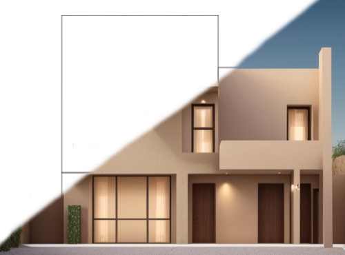 Before and after: elevation drawing to stucco facade render at golden hour